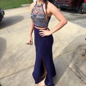 Navy Two-Piece Jeweled Prom Dress